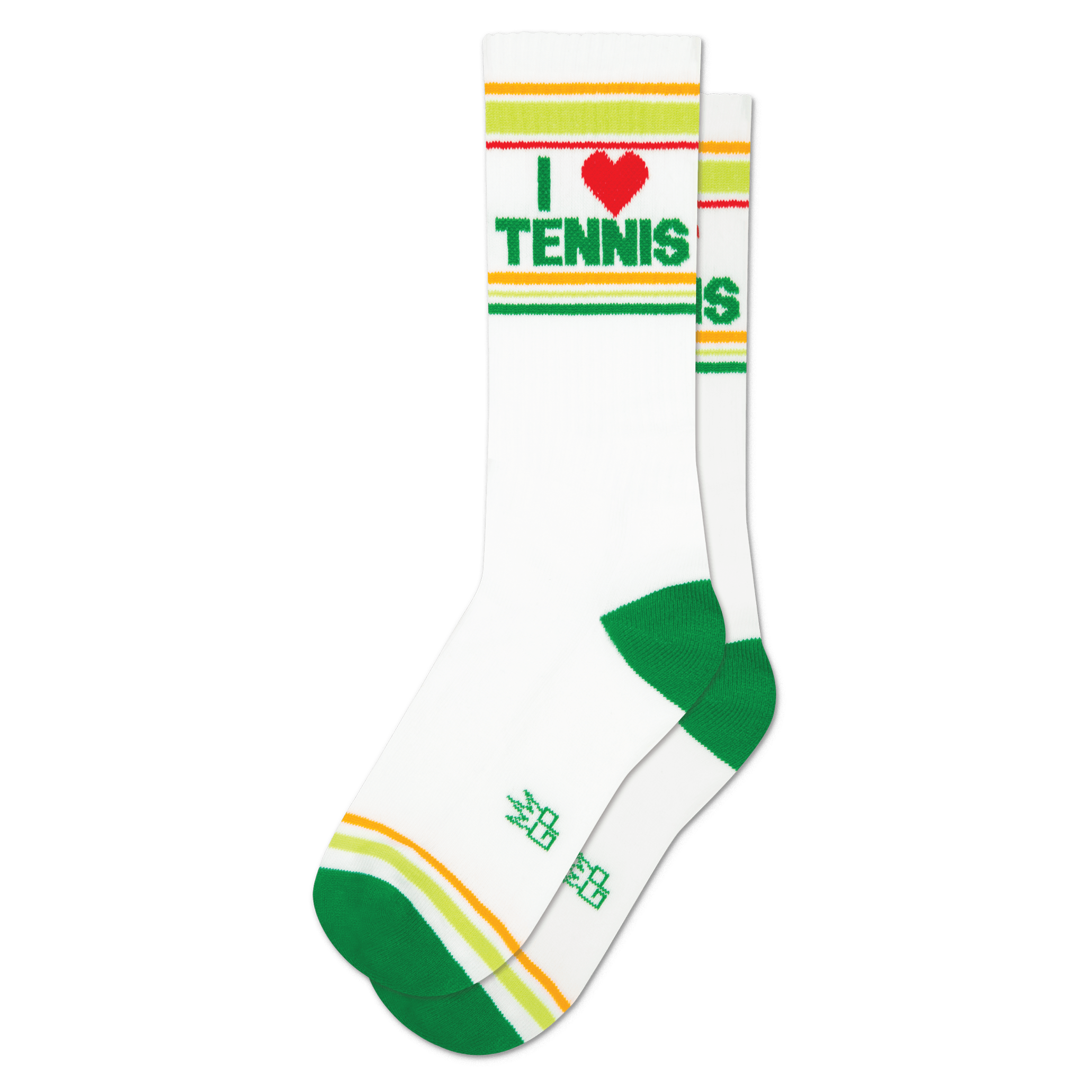 Pair of white crew socks with green and yellow-orange cuff stripes. Features 'I ❤️ TENNIS' text with a red heart. Green heels and toes.