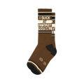 A single brown crew sock with black toes and heels. Features "I SUCK AT FANTASY FOOTBALL" text on a white band.