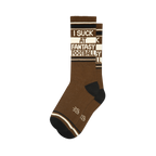 A single brown crew sock with black toes and heels. Features "I SUCK AT FANTASY FOOTBALL" text on a white band.
