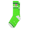 Bright green crew socks with 'I ❤️ MATCHA' text in white and a pink heart. Features white toe, heel, and striped cuffs.