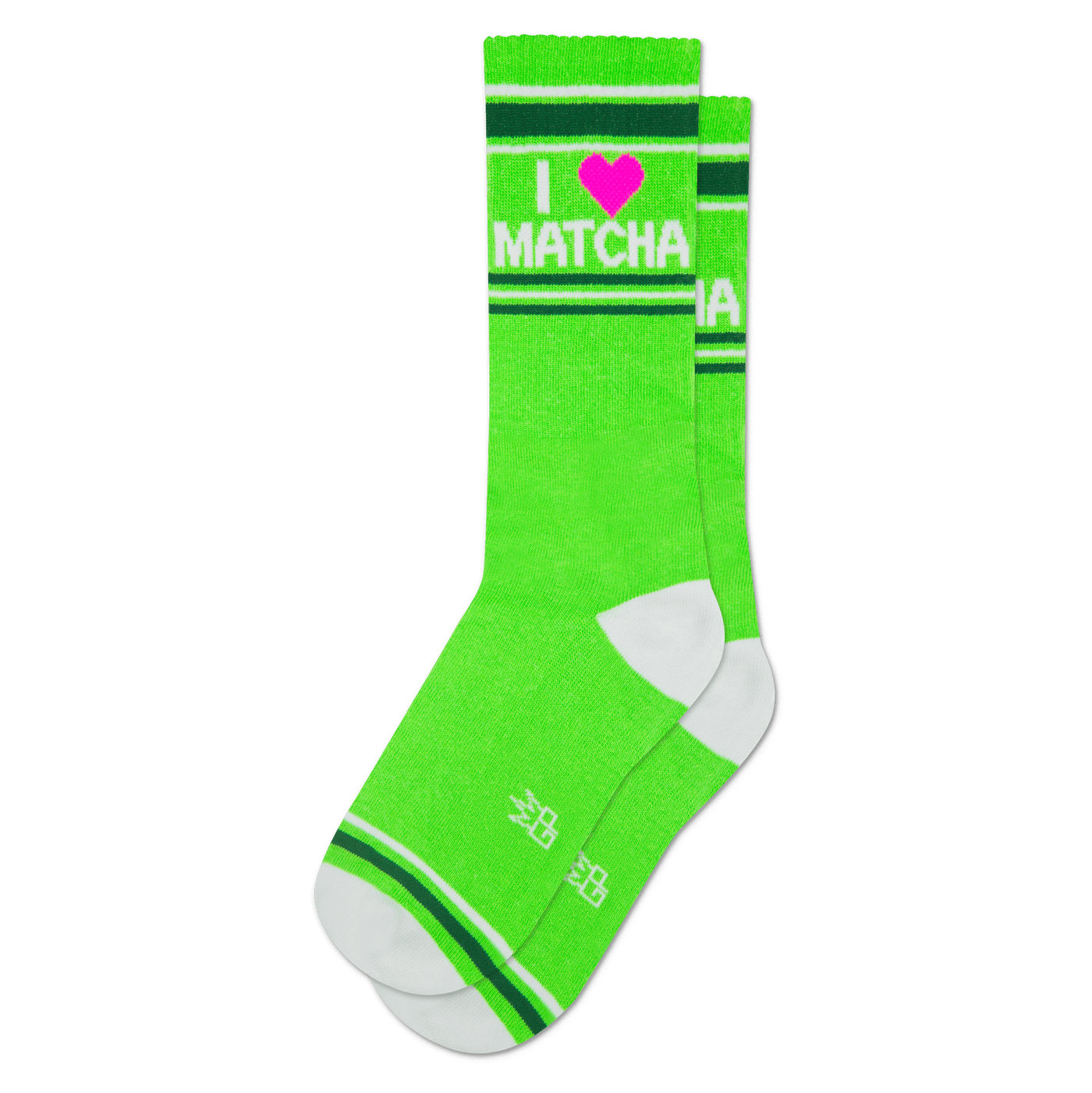 Bright green crew socks with 'I ❤️ MATCHA' text in white and a pink heart. Features white toe, heel, and striped cuffs.