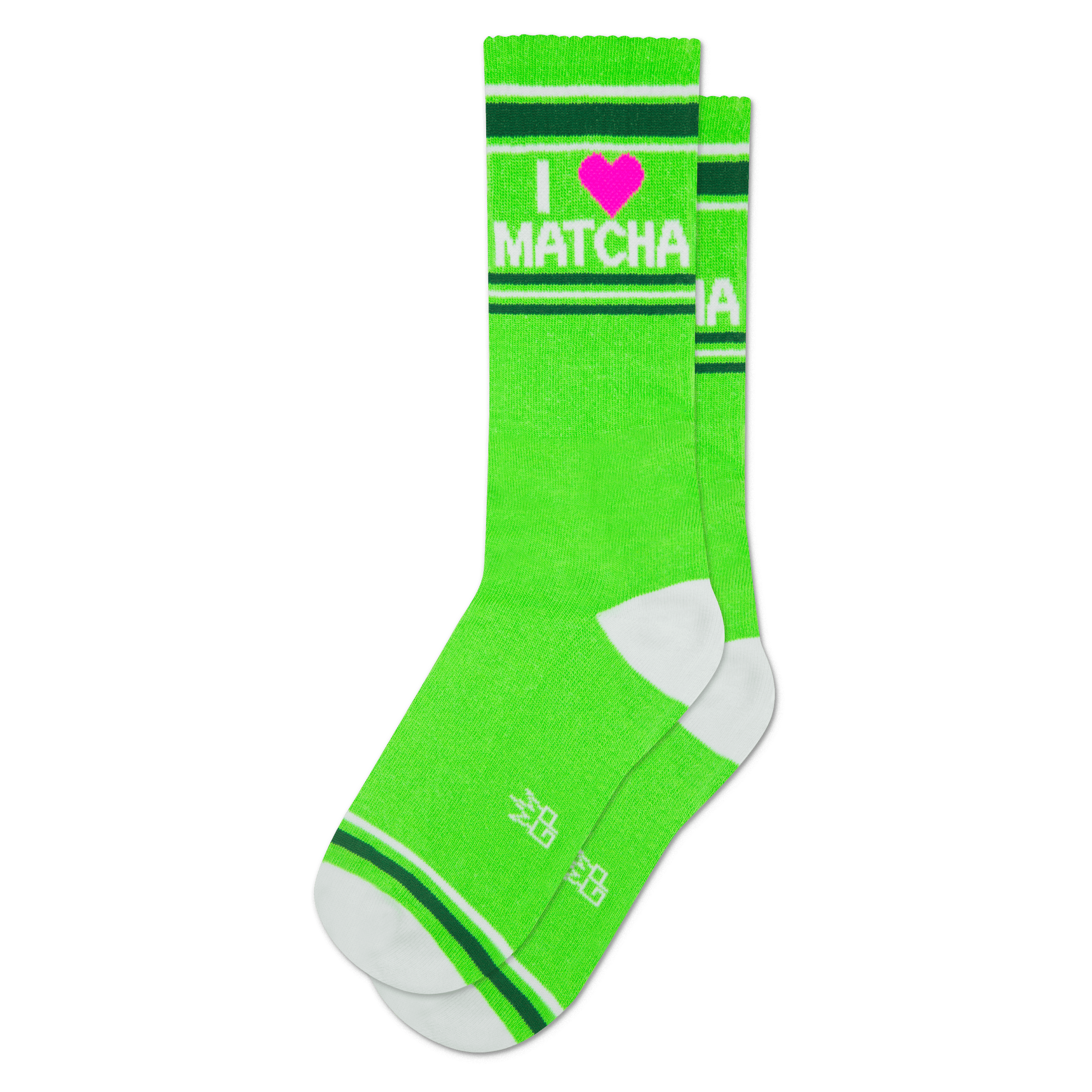 Bright green crew socks with 'I ❤️ MATCHA' text in white and a pink heart. Features white toe, heel, and striped cuffs.