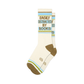 Pair of cream crew socks with 'Easily Distracted By Books' in green text, horizontal brown, blue, and green stripes.