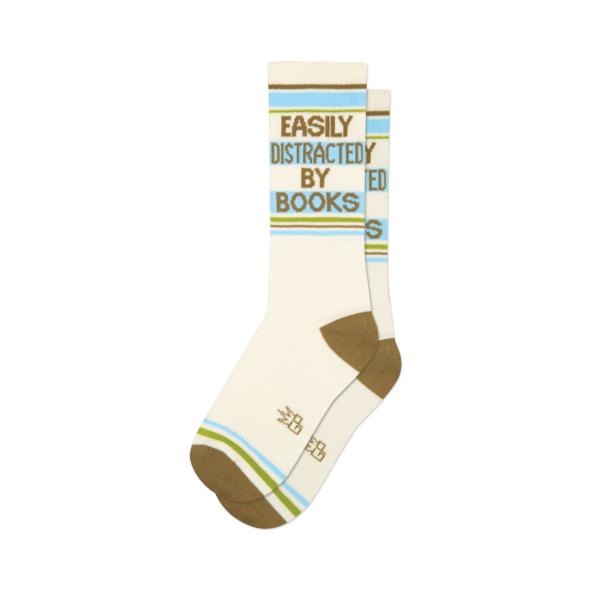 Pair of cream crew socks with 'Easily Distracted By Books' in green text, horizontal brown, blue, and green stripes.