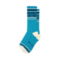 A pair of teal crew socks with 'Favorite Brother' text, dark blue and white stripes, and off-white heels and toes.