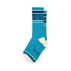 A pair of teal crew socks with 'Favorite Brother' text, dark blue and white stripes, and off-white heels and toes.