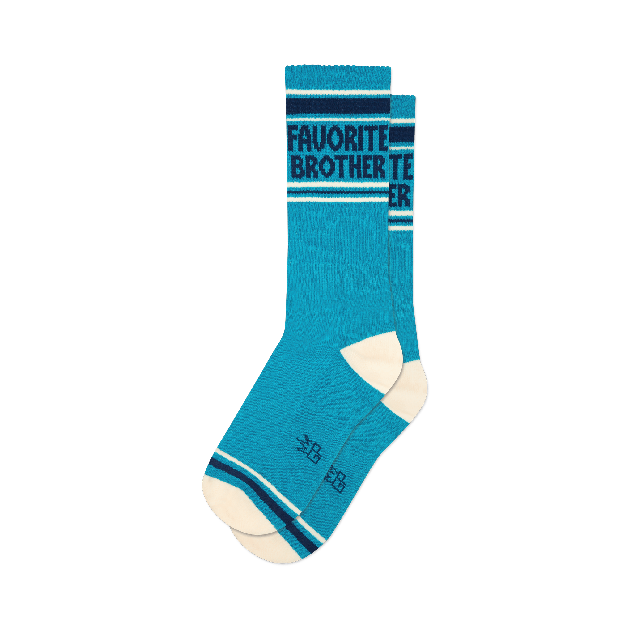 A pair of teal crew socks with 'Favorite Brother' text, dark blue and white stripes, and off-white heels and toes.