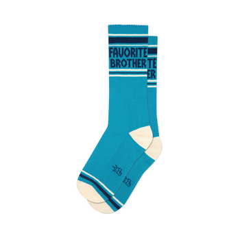 A pair of teal crew socks with 'Favorite Brother' text, dark blue and white stripes, and off-white heels and toes.