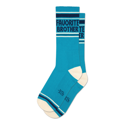 A pair of teal crew socks with 'Favorite Brother' text, dark blue and white stripes, and off-white heels and toes.