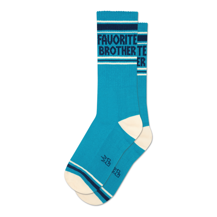 A pair of teal crew socks with 'Favorite Brother' text, dark blue and white stripes, and off-white heels and toes.