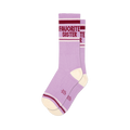 Two lavender crew socks with cream heel/toe. Maroon and white stripes on cuff, 'FAVORITE SISTER' text visible on one sock.