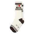 Pair of cream crew socks with dark brown cuffs, heels, and toes. Features 'I ❤️ NUTS' in black text with a red heart.