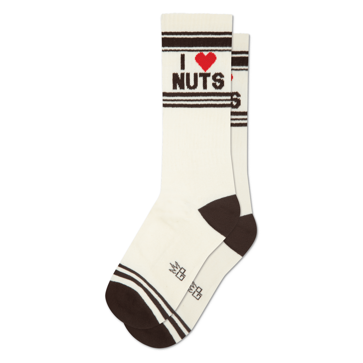 Pair of cream crew socks with dark brown cuffs, heels, and toes. Features 'I ❤️ NUTS' in black text with a red heart.