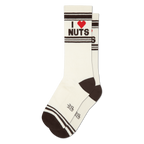 Pair of cream crew socks with dark brown cuffs, heels, and toes. Features 'I ❤️ NUTS' in black text with a red heart.