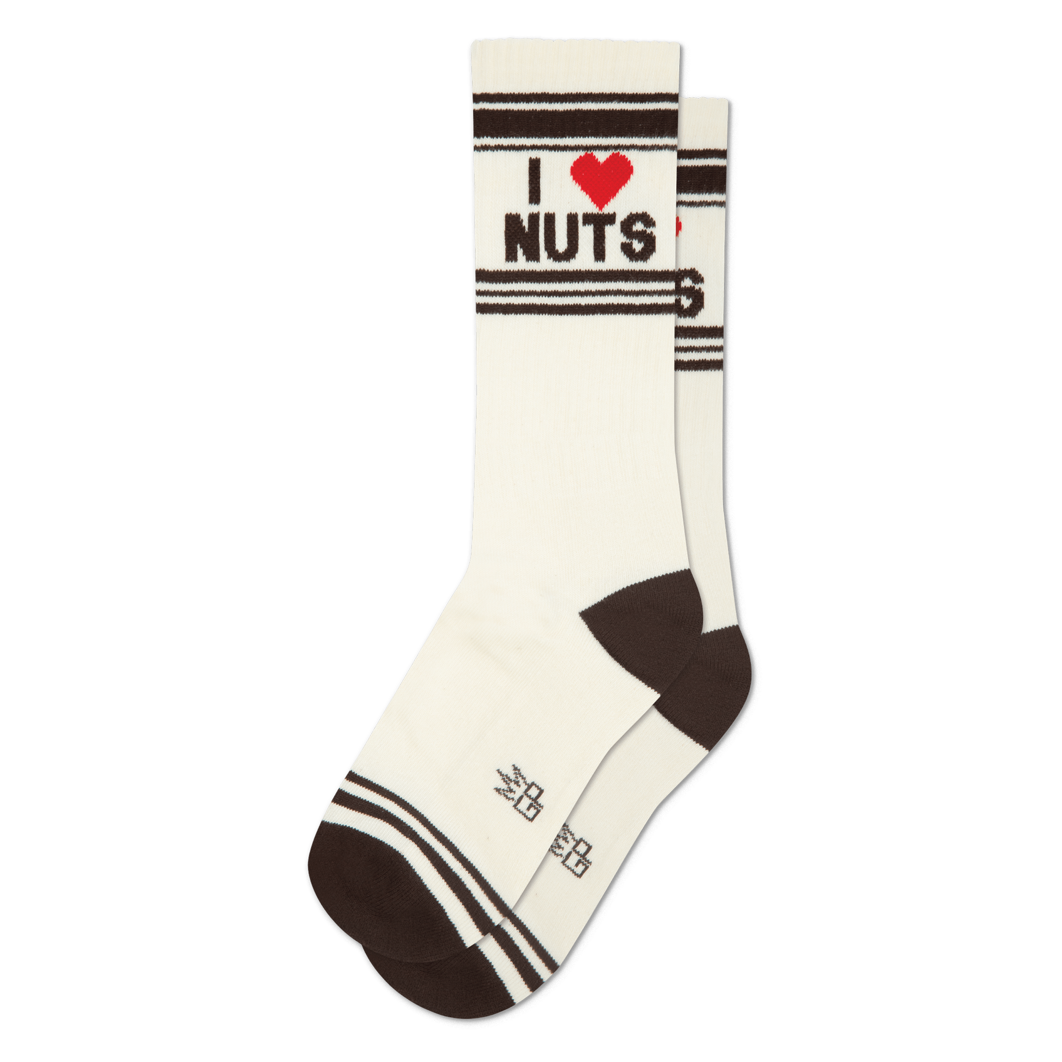 Pair of cream crew socks with dark brown cuffs, heels, and toes. Features 'I ❤️ NUTS' in black text with a red heart.