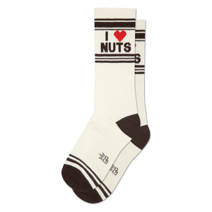 Pair of cream crew socks with dark brown cuffs, heels, and toes. Features 'I ❤️ NUTS' in black text with a red heart.