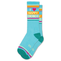 Aqua crew socks with "I ❤️ HAPPY ENDINGS" text in yellow and pink. Features orange, pink, yellow, and teal stripes.