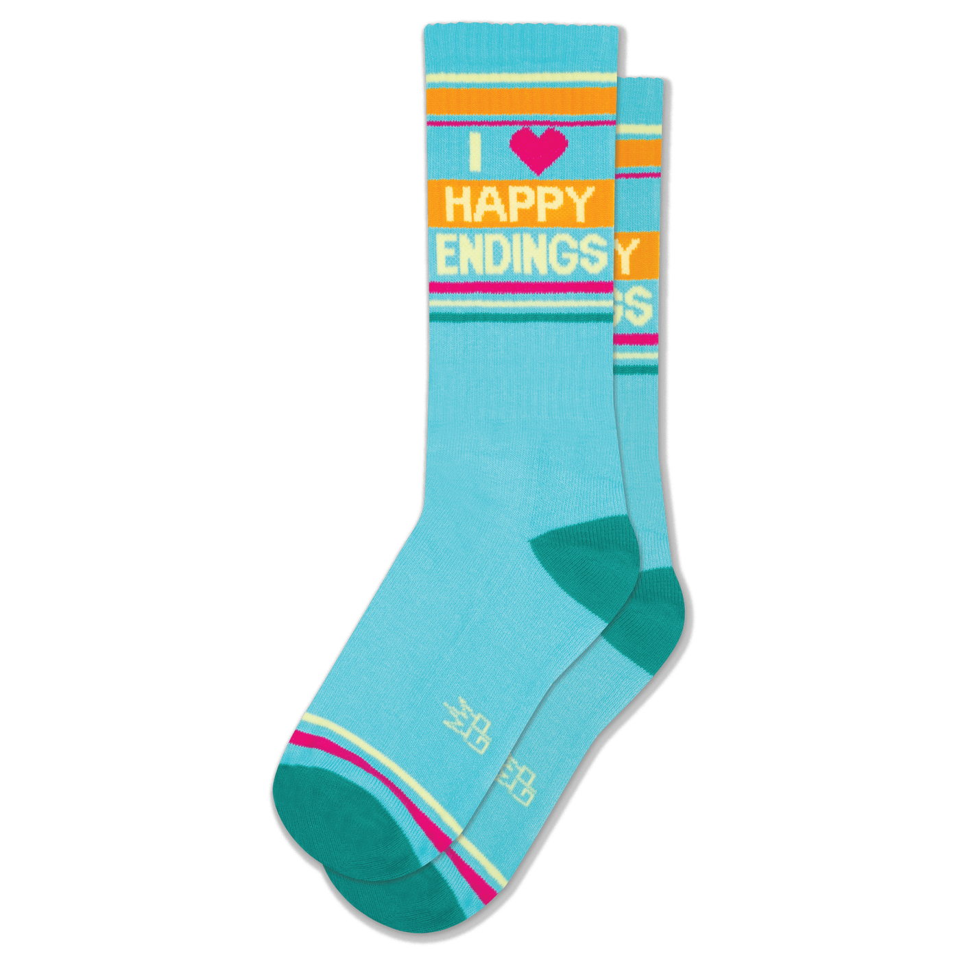 Aqua crew socks with "I ❤️ HAPPY ENDINGS" text in yellow and pink. Features orange, pink, yellow, and teal stripes.
