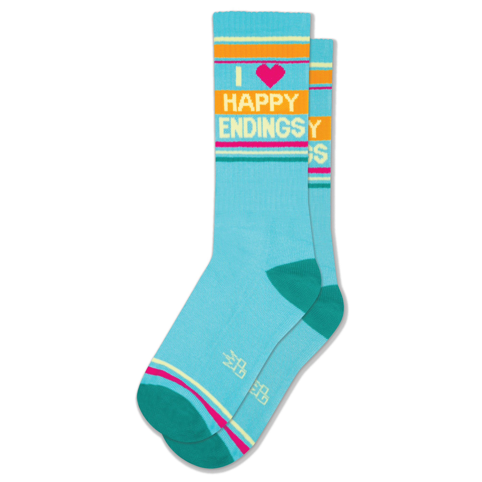 Aqua crew socks with "I ❤️ HAPPY ENDINGS" text in yellow and pink. Features orange, pink, yellow, and teal stripes.