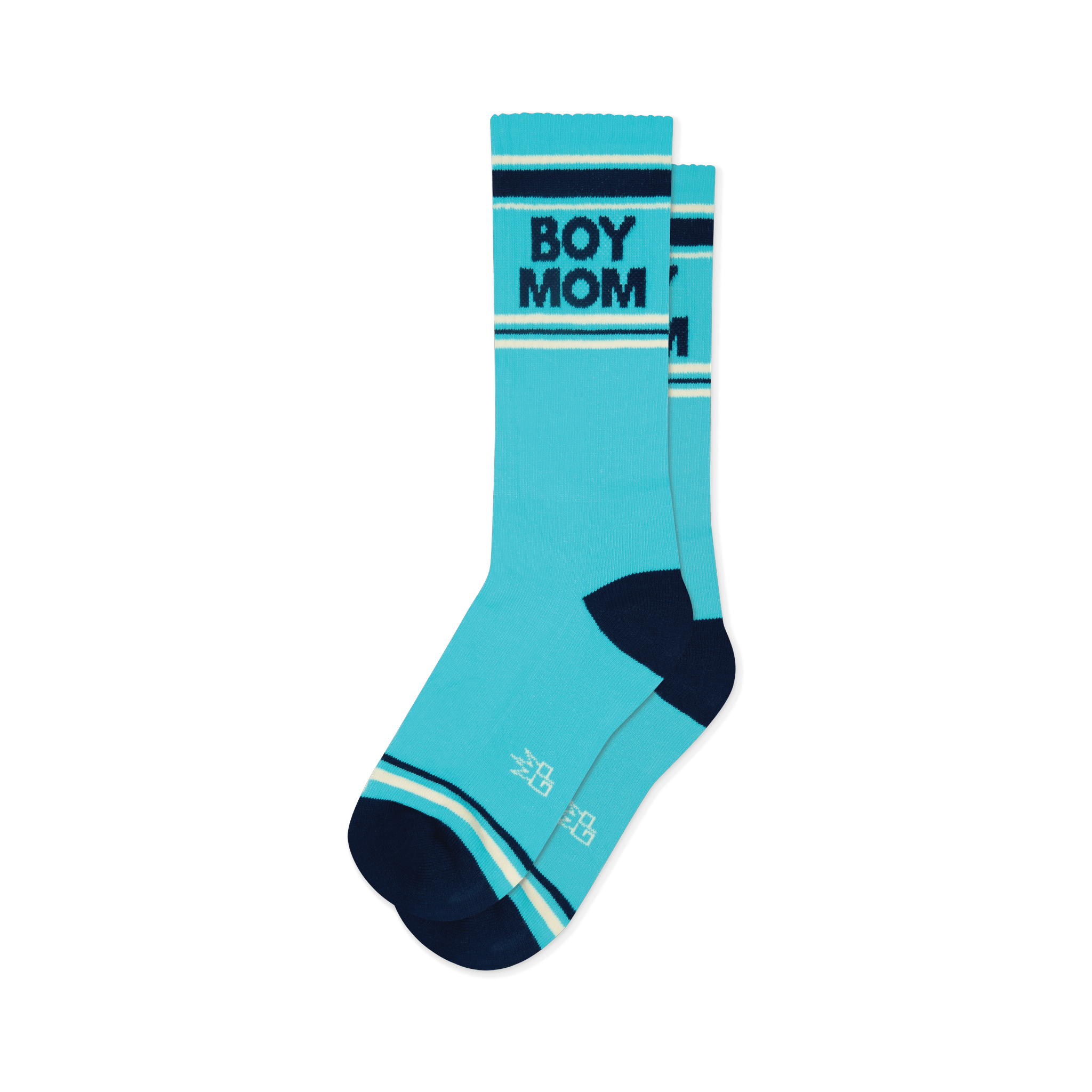 Pair of turquoise crew socks with navy blue 'BOY MOM' text, navy heels/toes, and navy and cream stripes.