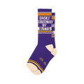A pair of purple crew socks with "EASILY DISTRACTED BY BUTTS" text in white, orange, and cream stripes.