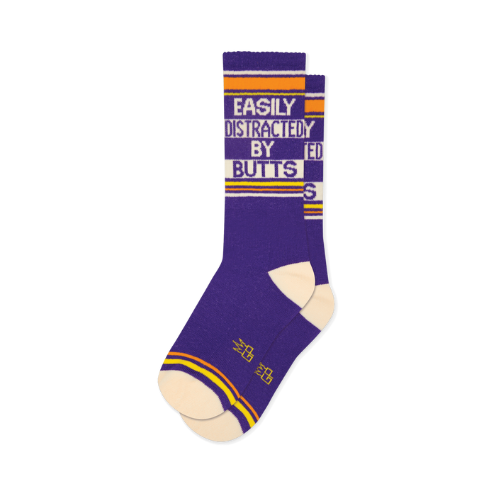 A pair of purple crew socks with 