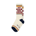 Cream crew socks with 'Hot Guys Read Books' text in red, yellow, and navy stripes, dark blue toe and heel.