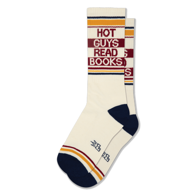 Cream crew socks with 'Hot Guys Read Books' text in red, yellow, and navy stripes, dark blue toe and heel.