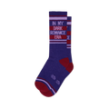 Pair of deep purple crew socks with 'IN MY DARK ROMANCE ERA' text in light purple on dark red stripes. Red toe, heel, and accent stripes.