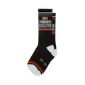 Black crew socks featuring white text reading HIGH POWERED EXECUTIVE, sporty orange and grey stripes, and white heels.