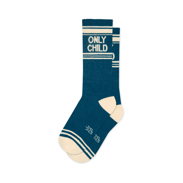 Teal crew socks with white heel and toe. Bold white text reads ONLY CHILD on the cuff, bordered by retro athletic stripes. }}