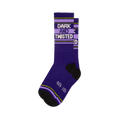Purple crew socks featuring the words DARK AND TWISTED in white block letters, framed by green and light purple stripes.