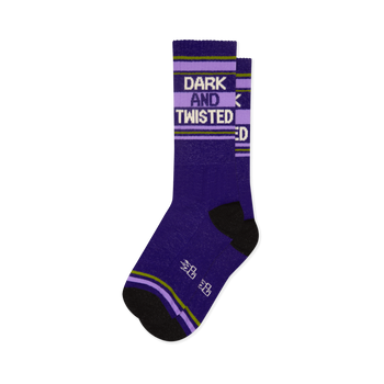 Purple crew socks featuring the words DARK AND TWISTED in white block letters, framed by green and light purple stripes.