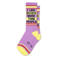 Lavender crew socks with yellow heels and toes, featuring the phrase I LIKE BOOKS MORE THAN PEOPLE in black block letters.
