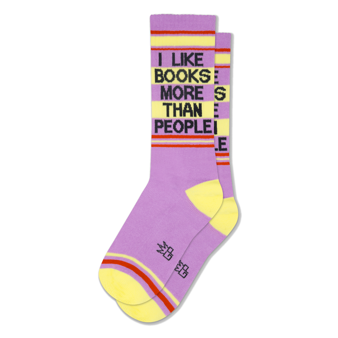 Lavender crew socks with yellow heels and toes, featuring the phrase I LIKE BOOKS MORE THAN PEOPLE in black block letters.