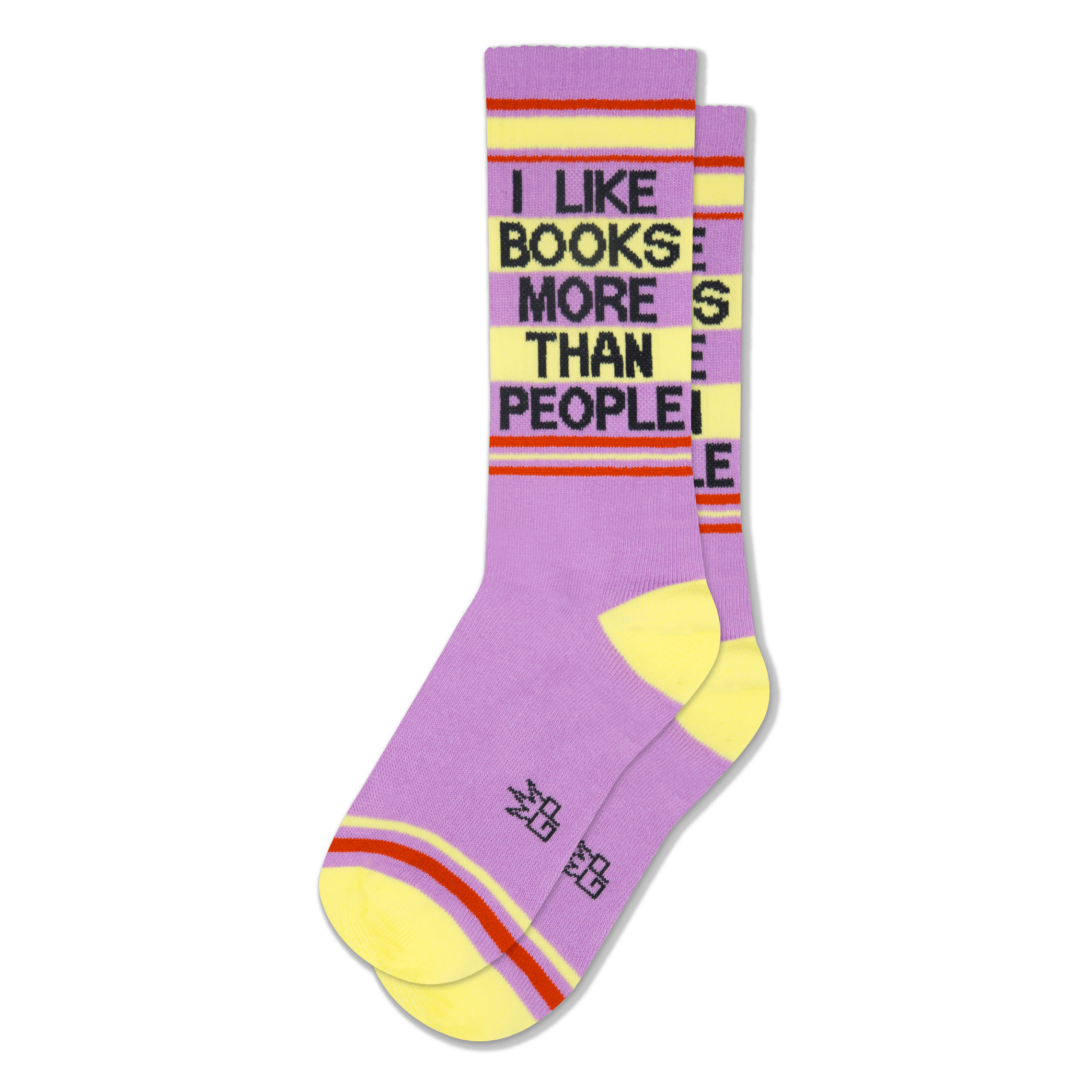 Lavender crew socks with yellow heels and toes, featuring the phrase I LIKE BOOKS MORE THAN PEOPLE in black block letters.