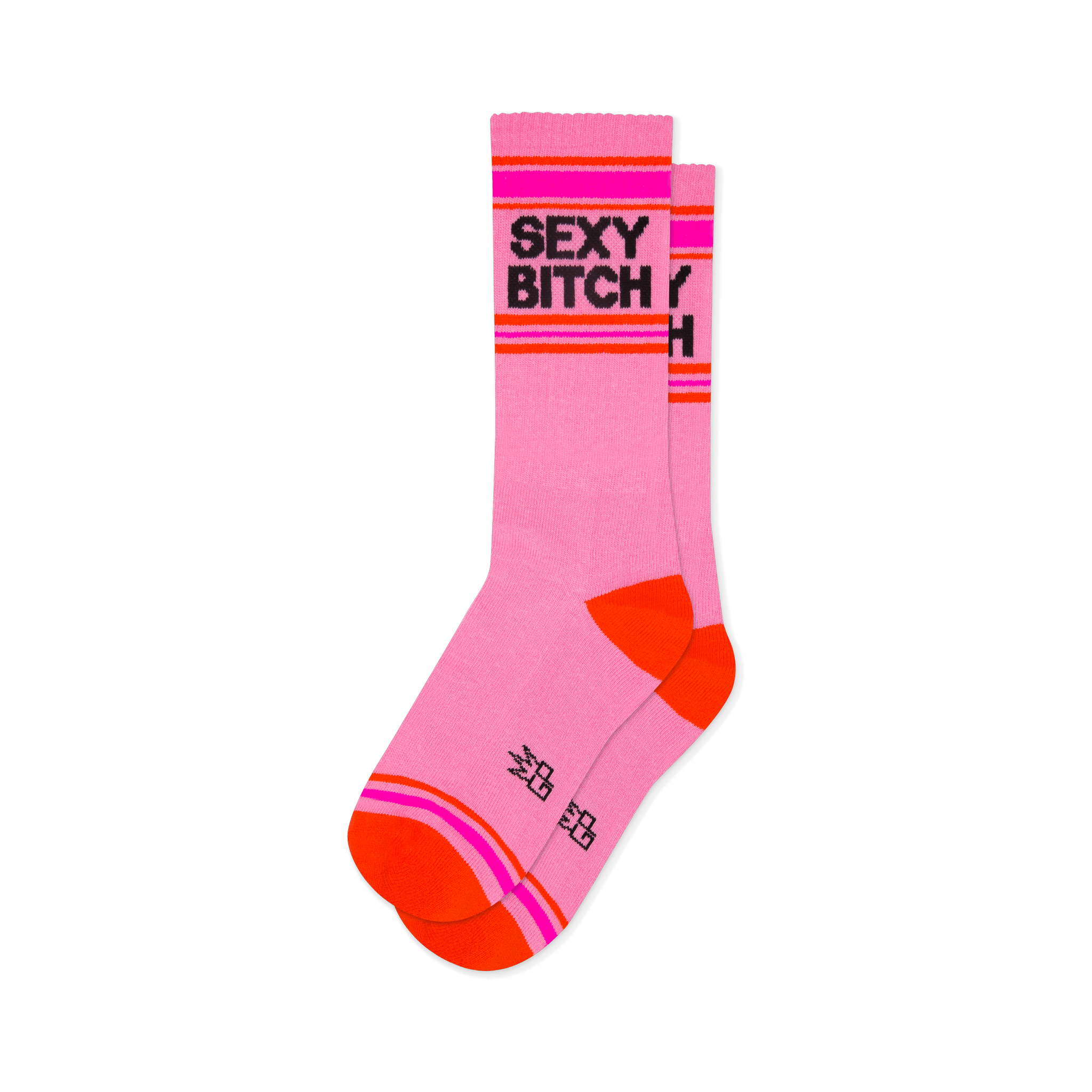 Light pink crew socks with SEXY BITCH in black text, framed by hot pink and orange stripes with bright orange toe and heel.