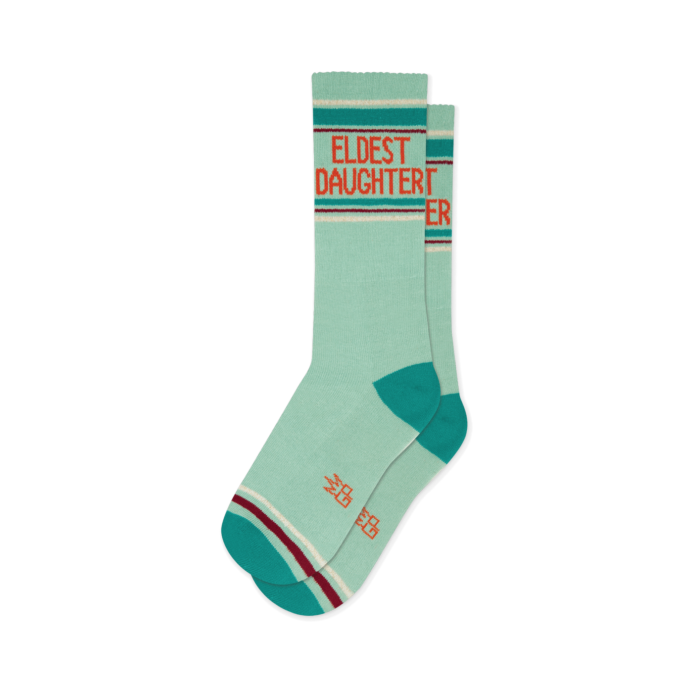 Mint green "Eldest Daughter" socks with orange text. Dark teal toes/heels, and striped cuffs in maroon, cream & dark teal.
