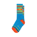 Bright blue retro crew socks with DOWN TO CLOWN in yellow text on a wide orange stripe, plus orange heel and toe accents.
