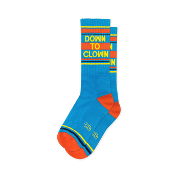 Bright blue retro crew socks with DOWN TO CLOWN in yellow text on a wide orange stripe, plus orange heel and toe accents.