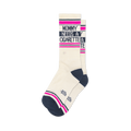Off-white crew socks with a navy heel and toe, featuring pink and navy stripes and the text Mommy Needs A Cigarette.