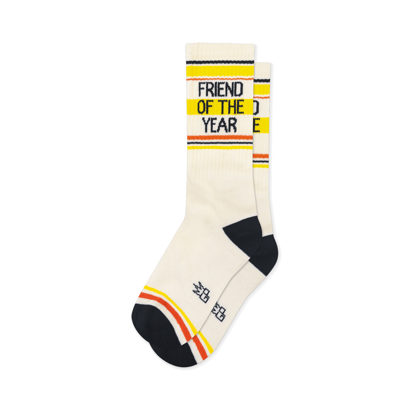 Cream retro socks with black Friend of the Year text, yellow and orange stripes, plus matching black heel and toe caps.