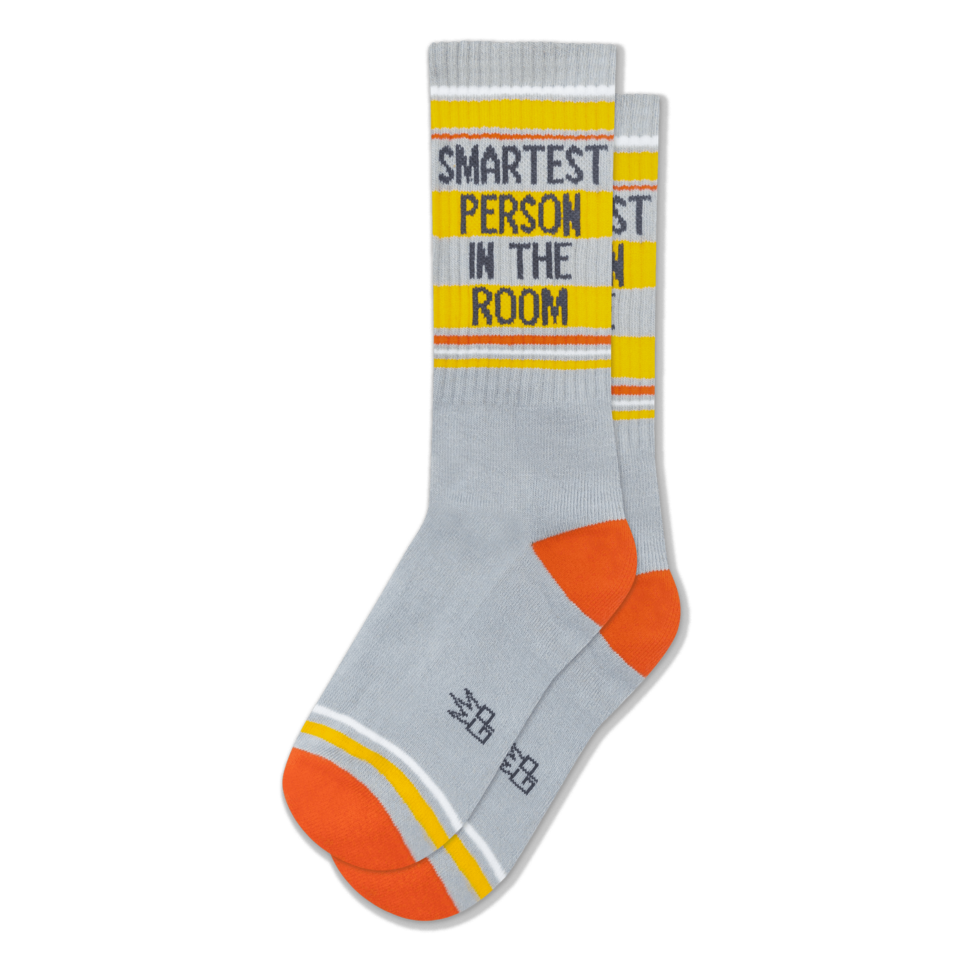 Light grey ribbed socks featuring orange heels, yellow bands, white stripes, and SMARTEST PERSON IN THE ROOM on the calf.