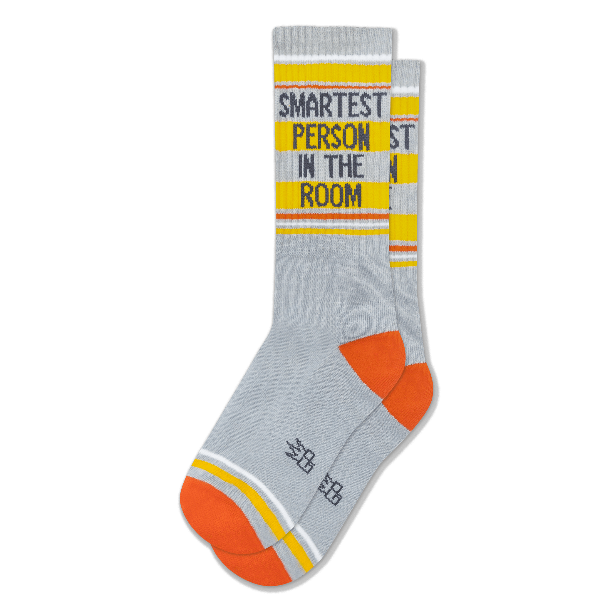 Light grey ribbed socks featuring orange heels, yellow bands, white stripes, and SMARTEST PERSON IN THE ROOM on the calf.