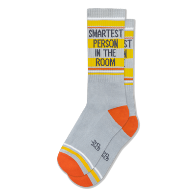 Light grey ribbed socks featuring orange heels, yellow bands, white stripes, and SMARTEST PERSON IN THE ROOM on the calf.