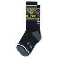 Dark heathered crew socks with grey heels and toes, white stripes, and bright yellow text reading ALLERGIC TO BULLSHIT.