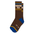 Brown crew socks with THEATER KID in white block letters, featuring royal blue and yellow stripes on the cuff and toe.