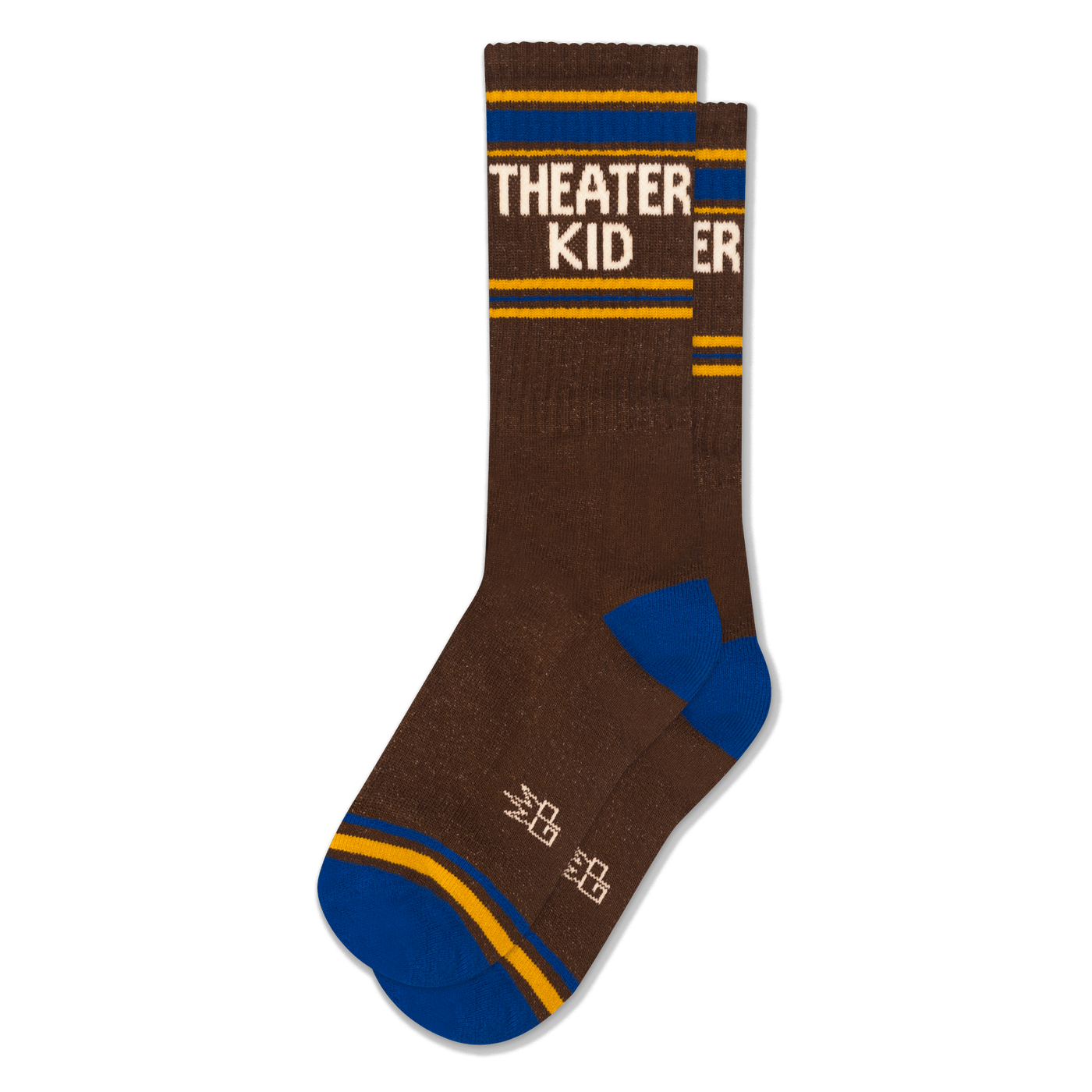 Brown crew socks with THEATER KID in white block letters, featuring royal blue and yellow stripes on the cuff and toe.