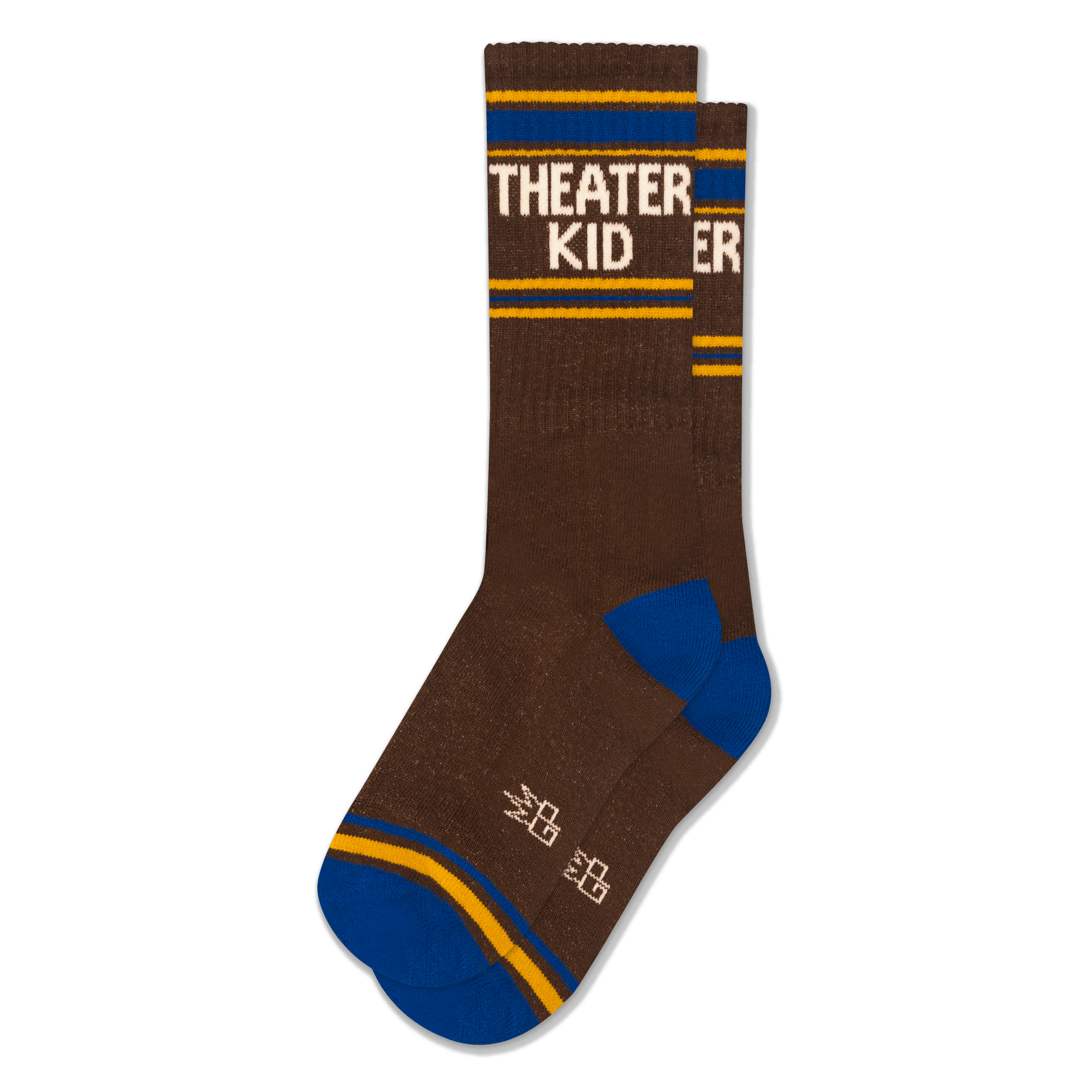 Brown crew socks with THEATER KID in white block letters, featuring royal blue and yellow stripes on the cuff and toe.