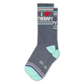 Gray crew socks with mint heel and toe. Text reads I Heart THERAPY with a red heart and retro purple and mint green stripes.
